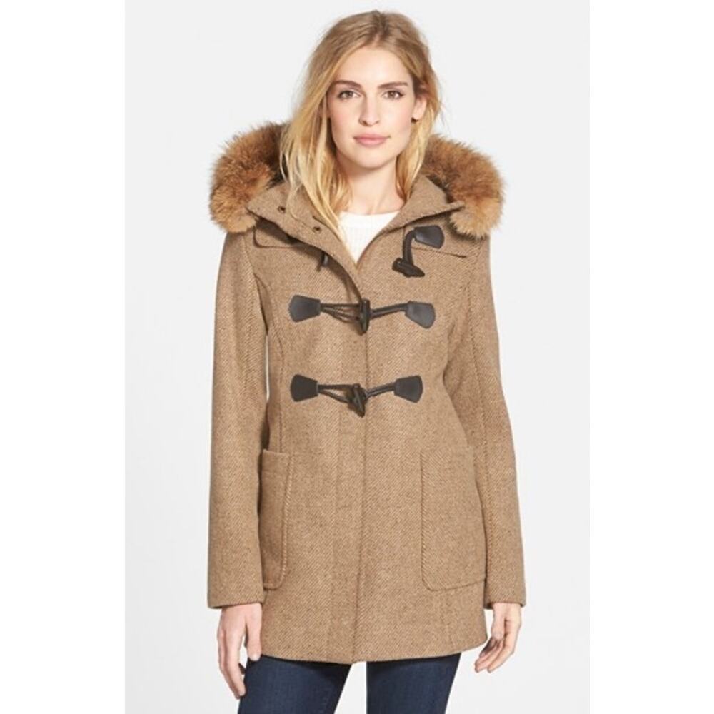 Pendleton Berkley Brown Wool Twill Duffle Coat Genuine Coyote Fur Trim Sz 12